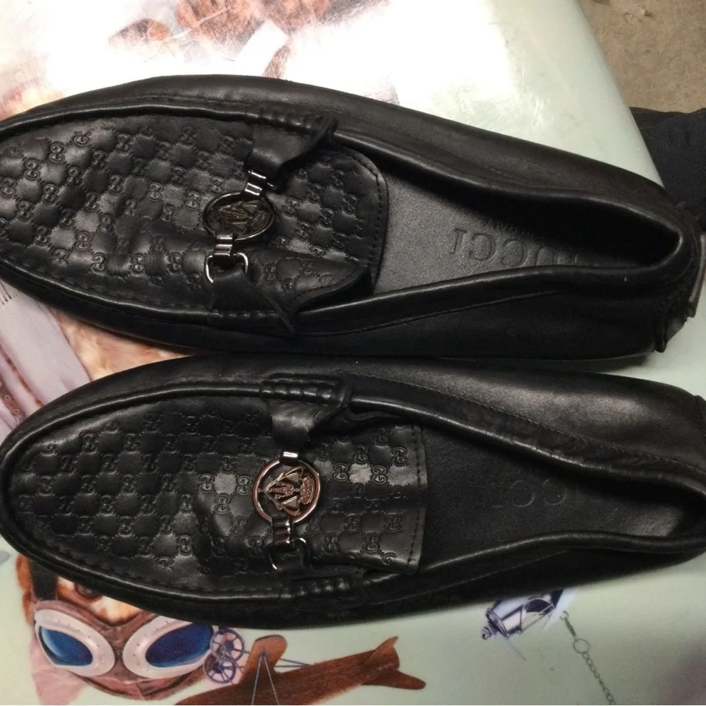 Gucci Black Leather Embossed GG Horsebit Loafers